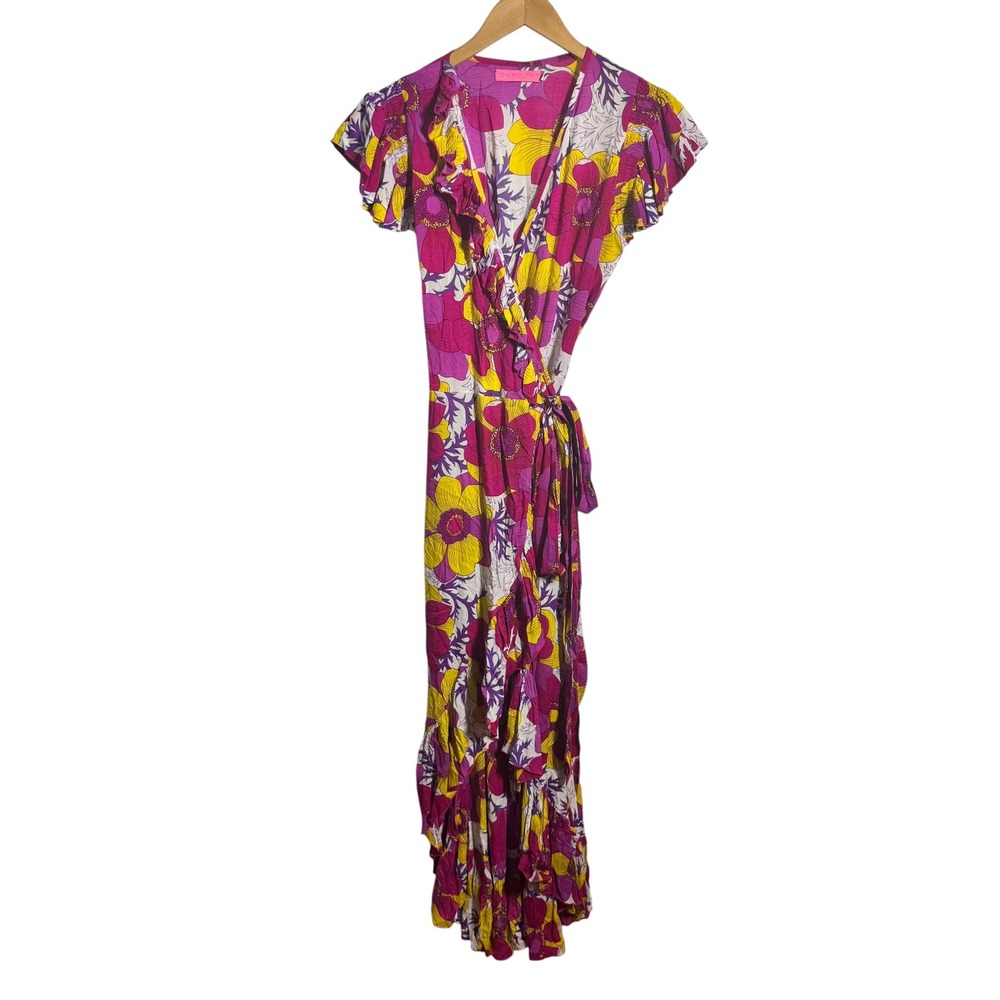 Feather & Find Boho Luxe Retro Floral Wrap Maxi Dress Pink Yellow Ruffle S Bali